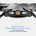 AMP11620 - SWUb Modern Fit 316L Band Black showing SWUb watch back close-up with buttons and hikers on a mountain in the background 