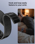 AMP11614  - Galaxy Watch Ultra Series - Athlex Air showing the Athlex Air band's hook and loop fastening system, close-up view alongside a lifestyle shot of a person sleeping while wearing the watch.