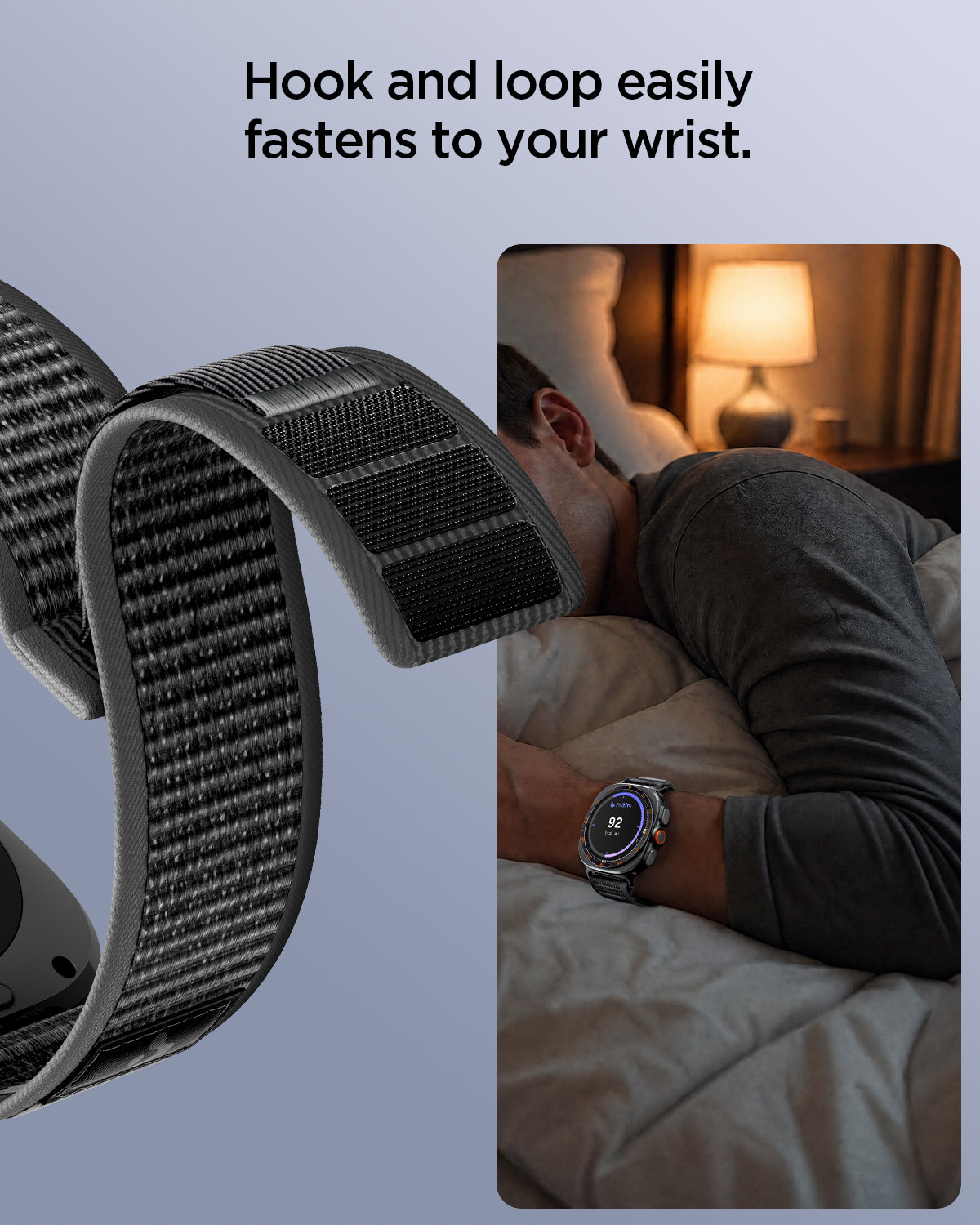 AMP11614  - Galaxy Watch Ultra Series - Athlex Air showing the Athlex Air band's hook and loop fastening system, close-up view alongside a lifestyle shot of a person sleeping while wearing the watch.