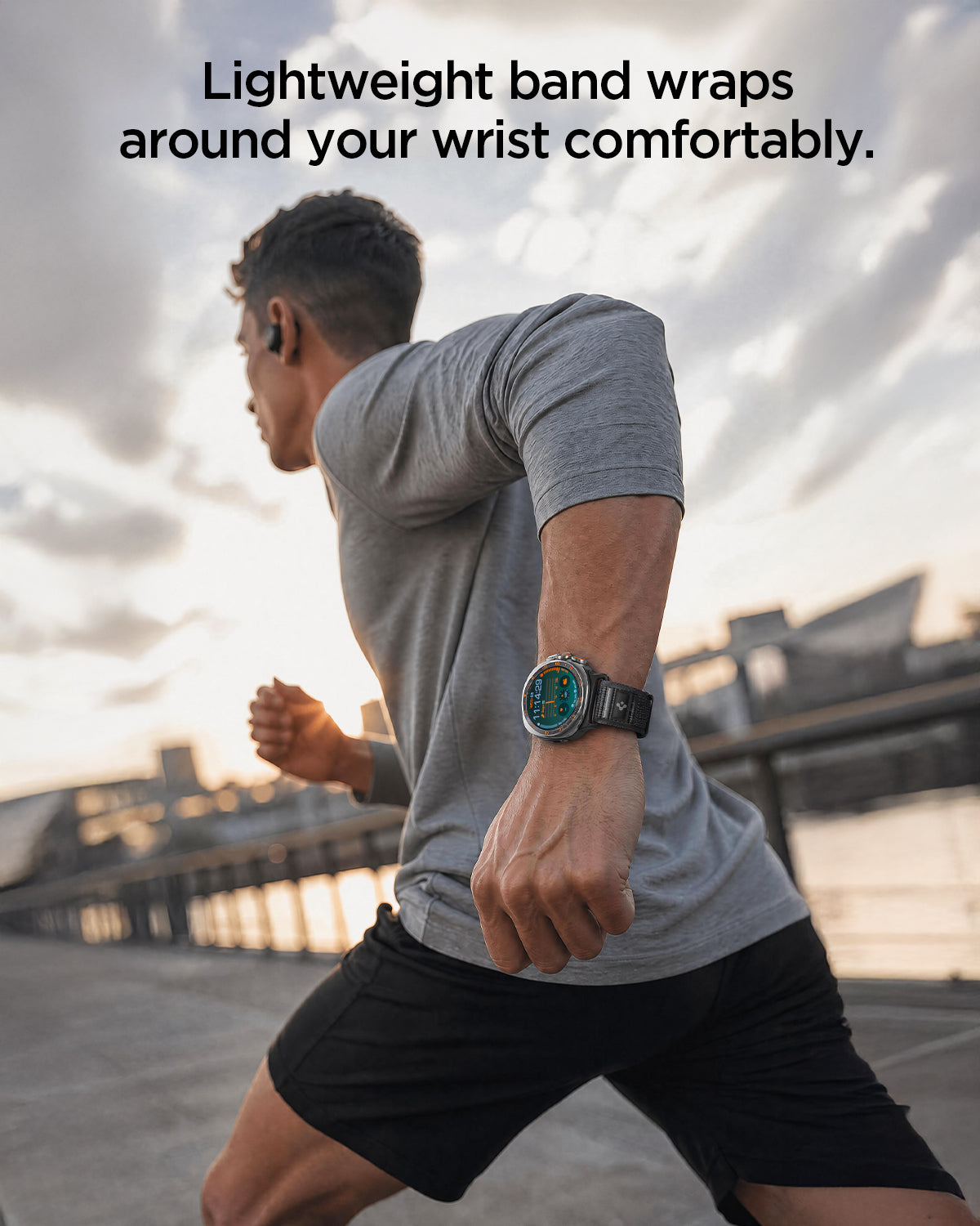 AMP11614 - Galaxy Watch Ultra Series - Athlex Air showing a person running while wearing the Galaxy Watch Ultra with the Athlex Air band, lifestyle view highlighting the lightweight and comfortable fit.
