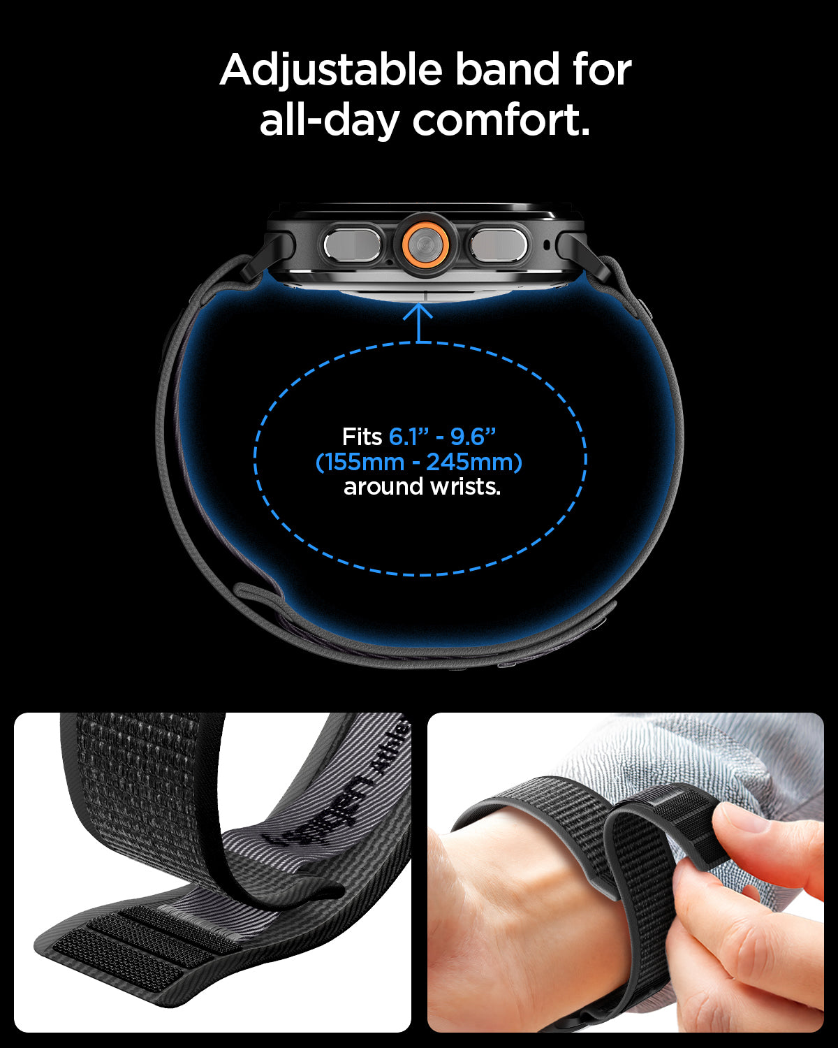 AMP11614 - Galaxy Watch Ultra Series - Athlex Air showing the adjustable range of the Athlex Air band, top-down view of the watch with size markers alongside close-up shots of the band's texture and a hand fastening it to a wrist.