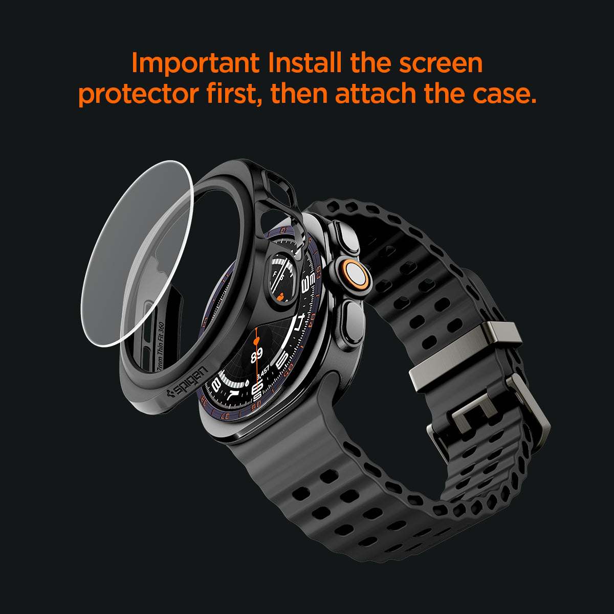 ACS11609 - Galaxy Watch Ultra Series Thin Fit 360 showing exploded view of Galaxy Watch Ultra case and glass protector installed before the case