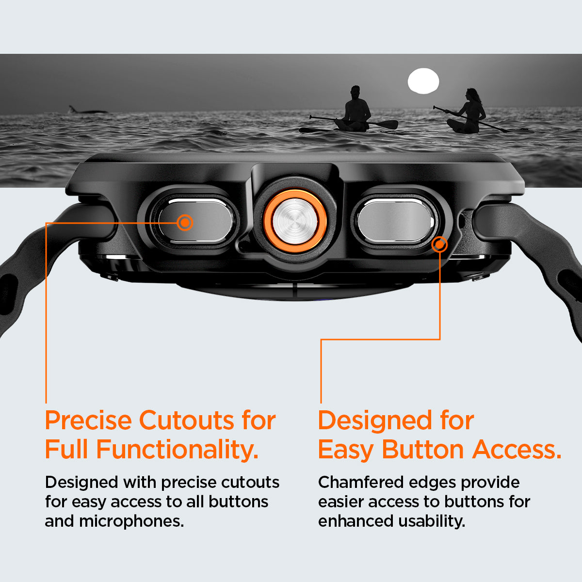 ACS11609 - Galaxy Watch Ultra Series Thin Fit 360 showing Galaxy Watch Ultra case top with button cutouts, plus two people paddleboarding