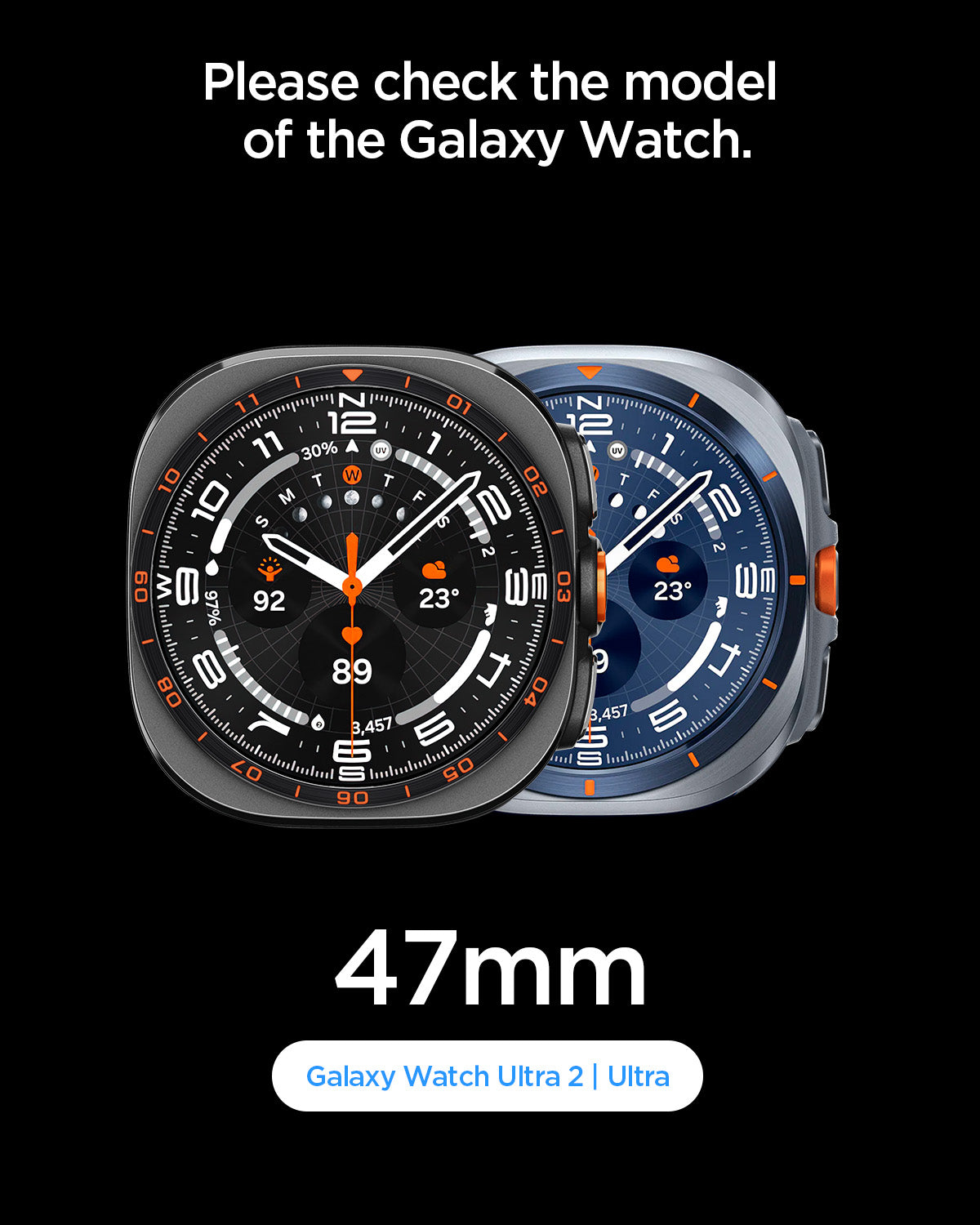 AMP11613 - Galaxy Watch Ultra Series - WBF1 showing the compatible Galaxy Watch models, informing customers to check the 47mm size fits the Galaxy Watch Ultra 2 and Ultra.