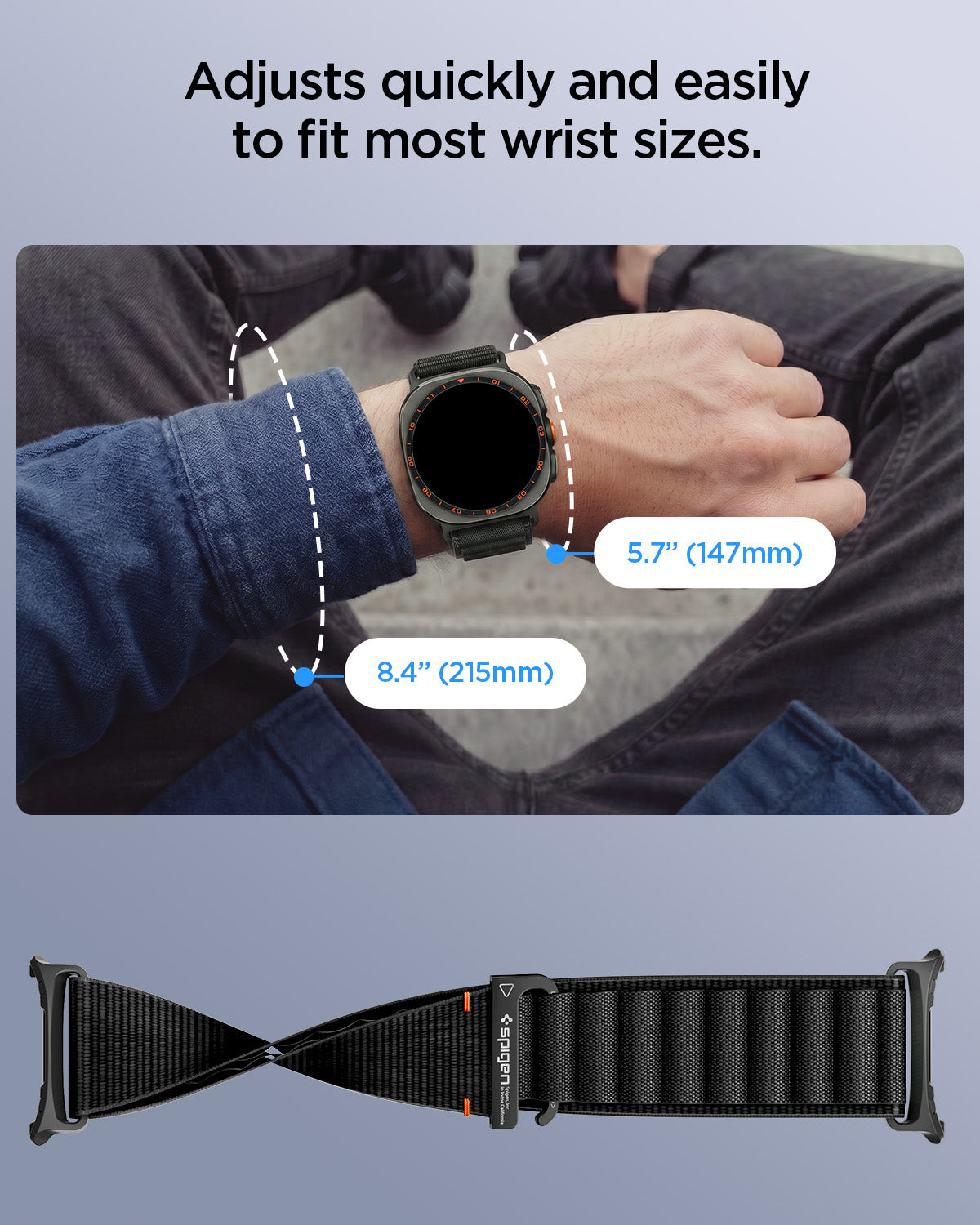 AMP11613 - WBF1 showing the adjustable range of the WBF1 band, lifestyle shot of the watch on a wrist with size markers alongside a close-up of the band's hook closure.