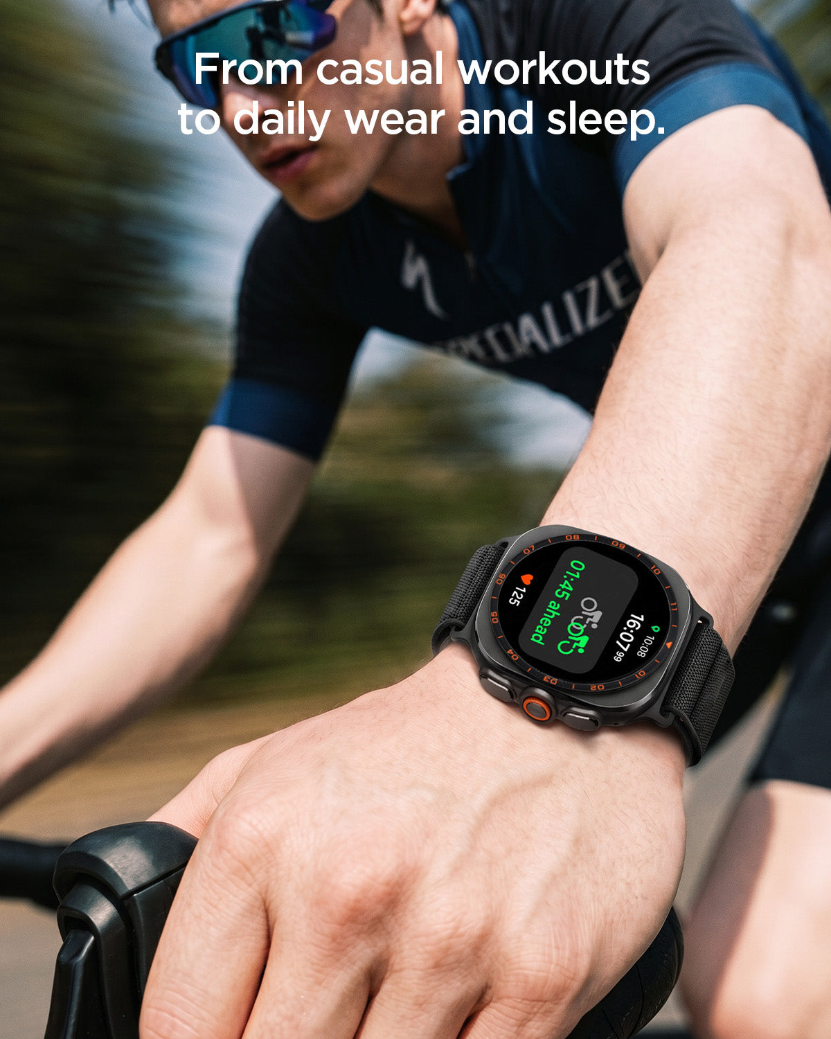 AMP11613 - Galaxy Watch Ultra Series - WBF1 showing a lifestyle shot of a person cycling while wearing the Galaxy Watch Ultra with the WBF1 band.