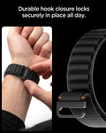 AMP11613 - Galaxy Watch Ultra Series - WBF1 showing a close-up of a hand securing the WBF1 band's hook closure to a wrist, alongside a detailed view of the band's woven texture and locking hook.