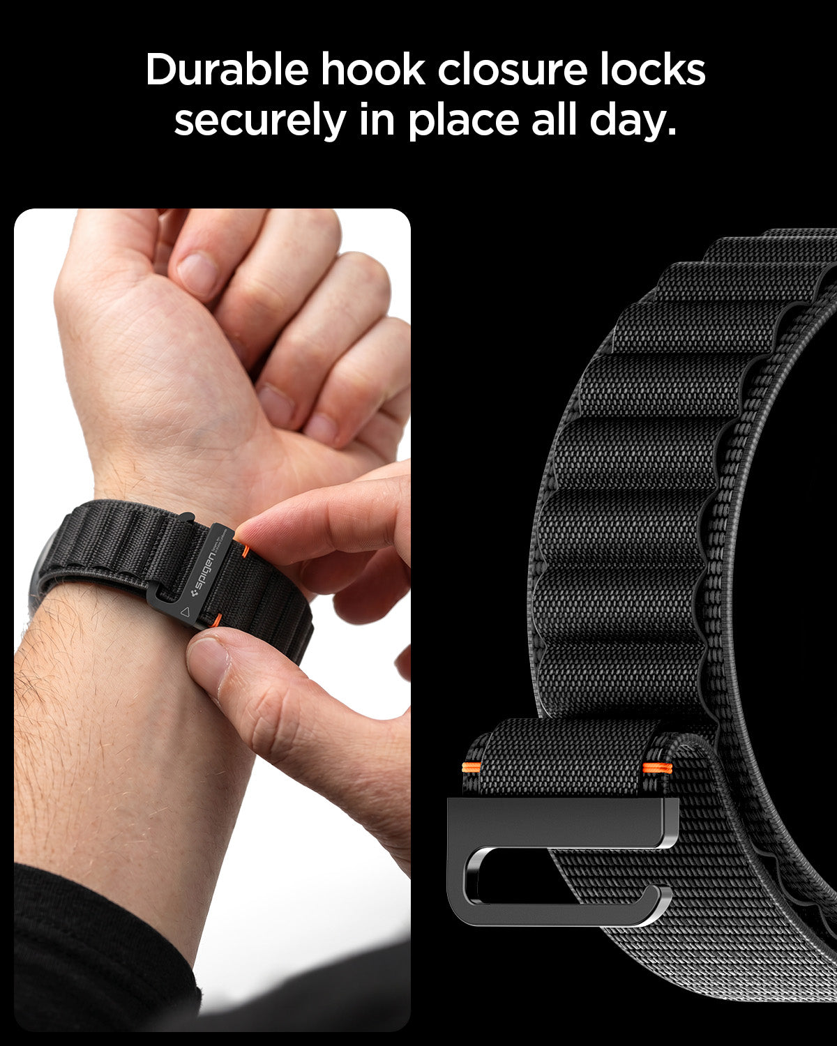 AMP11613 - Galaxy Watch Ultra Series - WBF1 showing a close-up of a hand securing the WBF1 band's hook closure to a wrist, alongside a detailed view of the band's woven texture and locking hook.