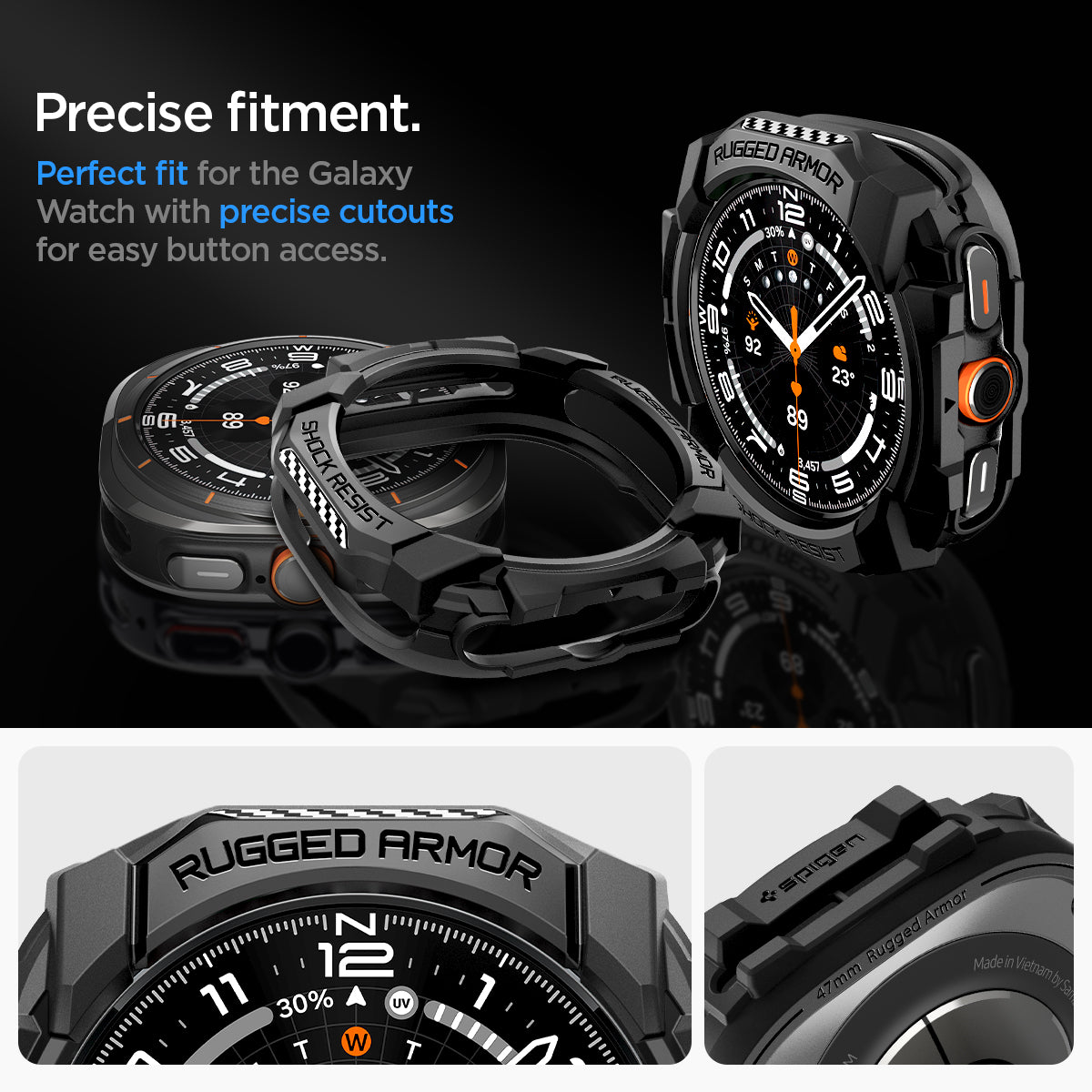 ACS08426 - Galaxy Watch Ultra (47mm) Rugged Armor in Matte Black precise fitment. perfect fit for the galaxy watch 7 with precise cutouts for easy button access.
