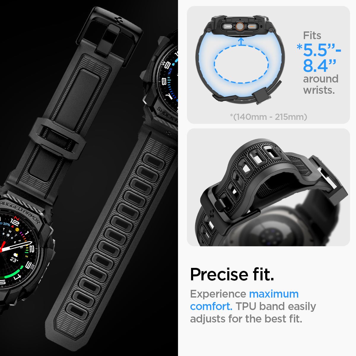 ACS08427 - Galaxy Watch Ultra (47mm) Rugged Armor Pro in Matte Black precise fit. Experience maximum comfort. soft silicone band easily adjusts for the best fit.