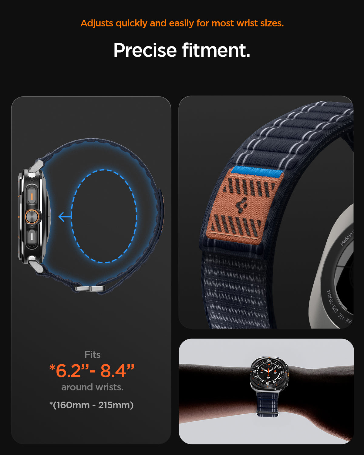 AMP10148 - Galaxy Watch Ultra WBF0 in navy showing adjusts quickly and easily for most wrist sizes. precise fitment