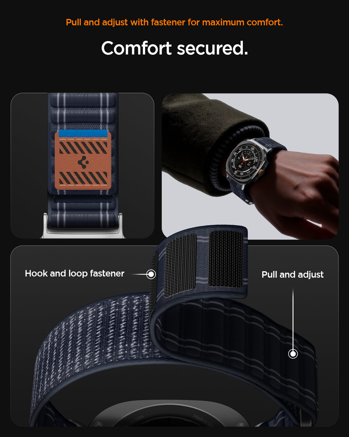 AMP10148 - Galaxy Watch Ultra WBF0 in navy showing pull and adjust with fastener for maximum comfort. comfort secured