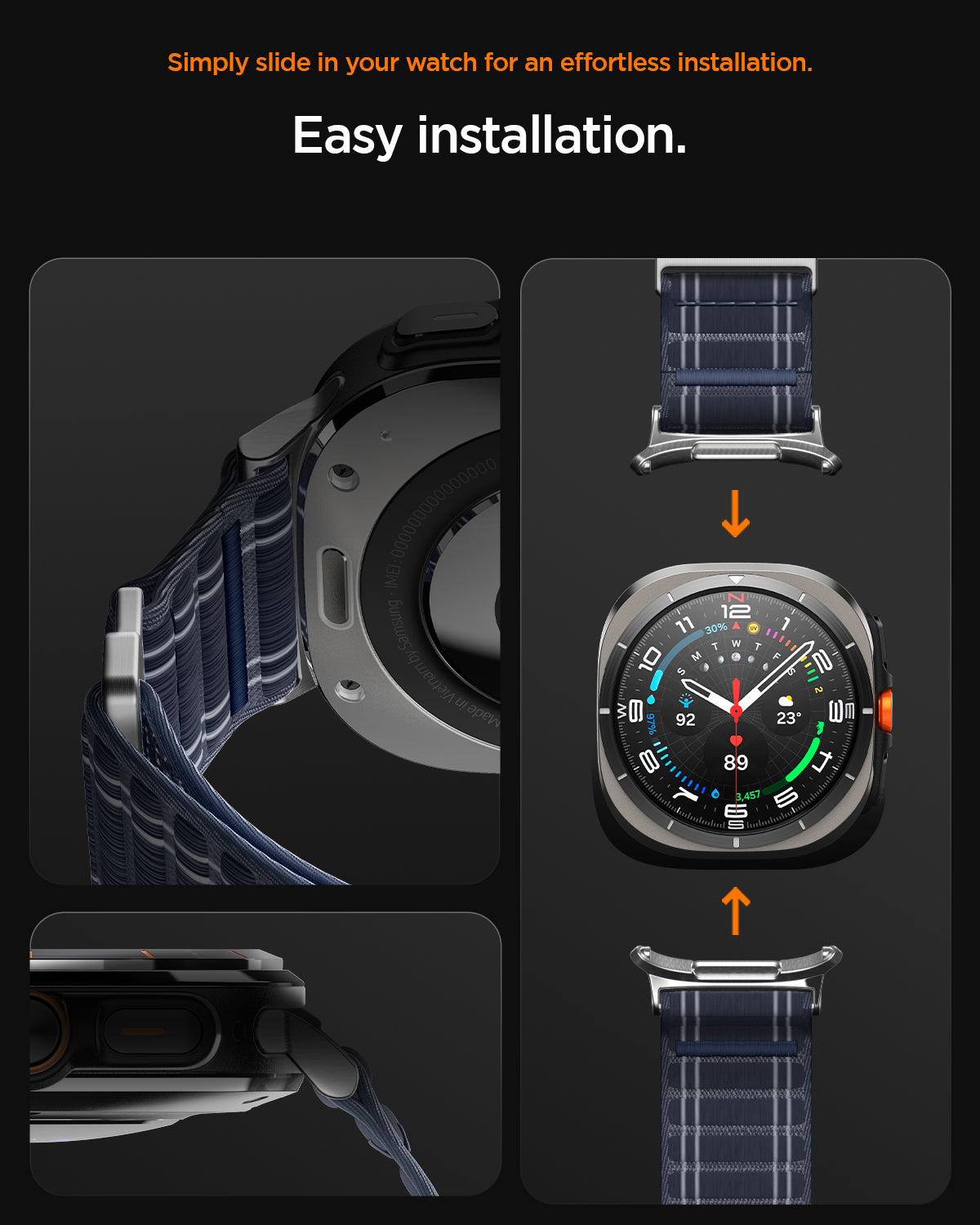 AMP10148 - Galaxy Watch Ultra WBF0 in navy showing simply slide in your watch for an effortless installation.