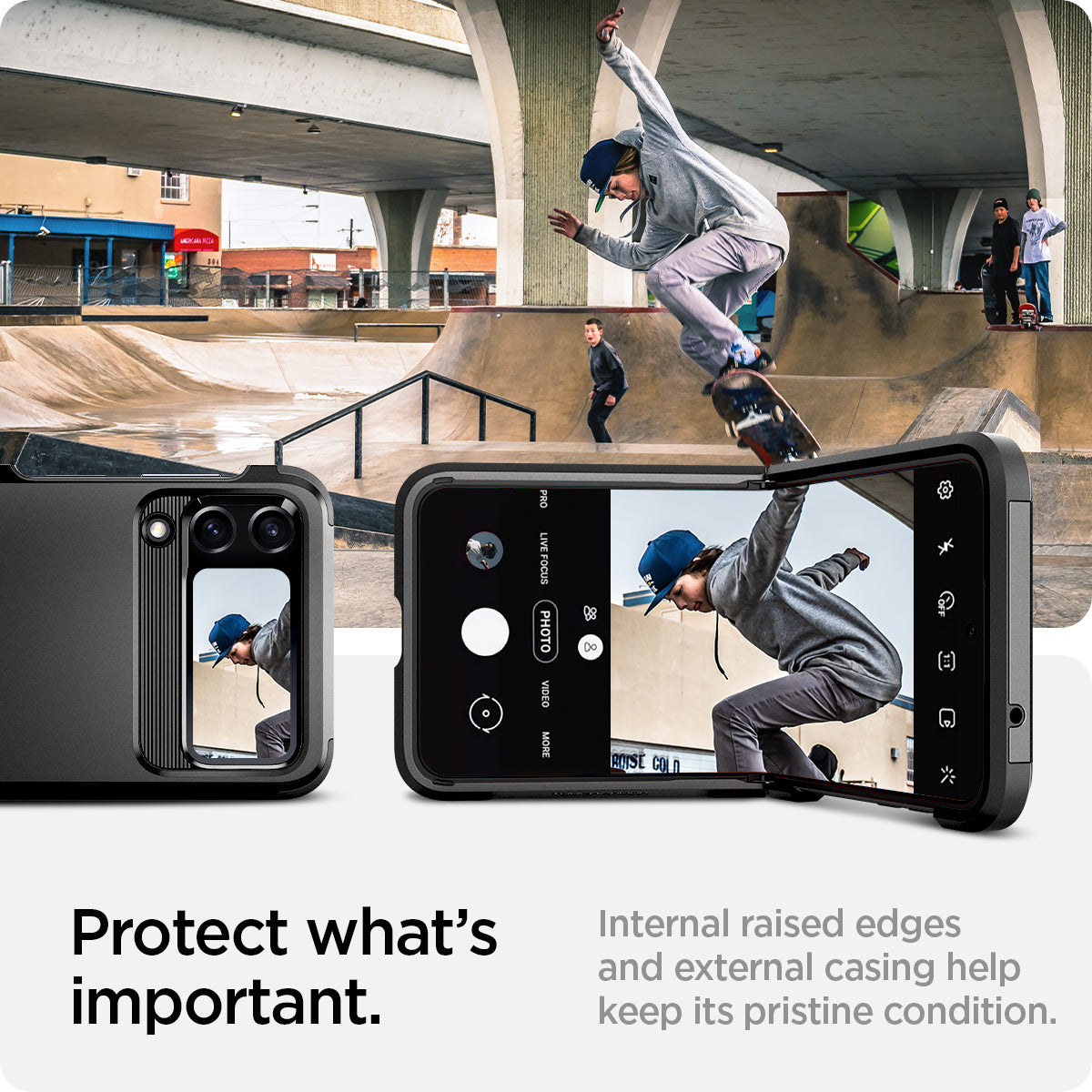 ACS05111 - Galaxy Z Flip 4 Case Tough Armor in black protect what's important. Internal raised edges and external casing help keep its pristine conition.