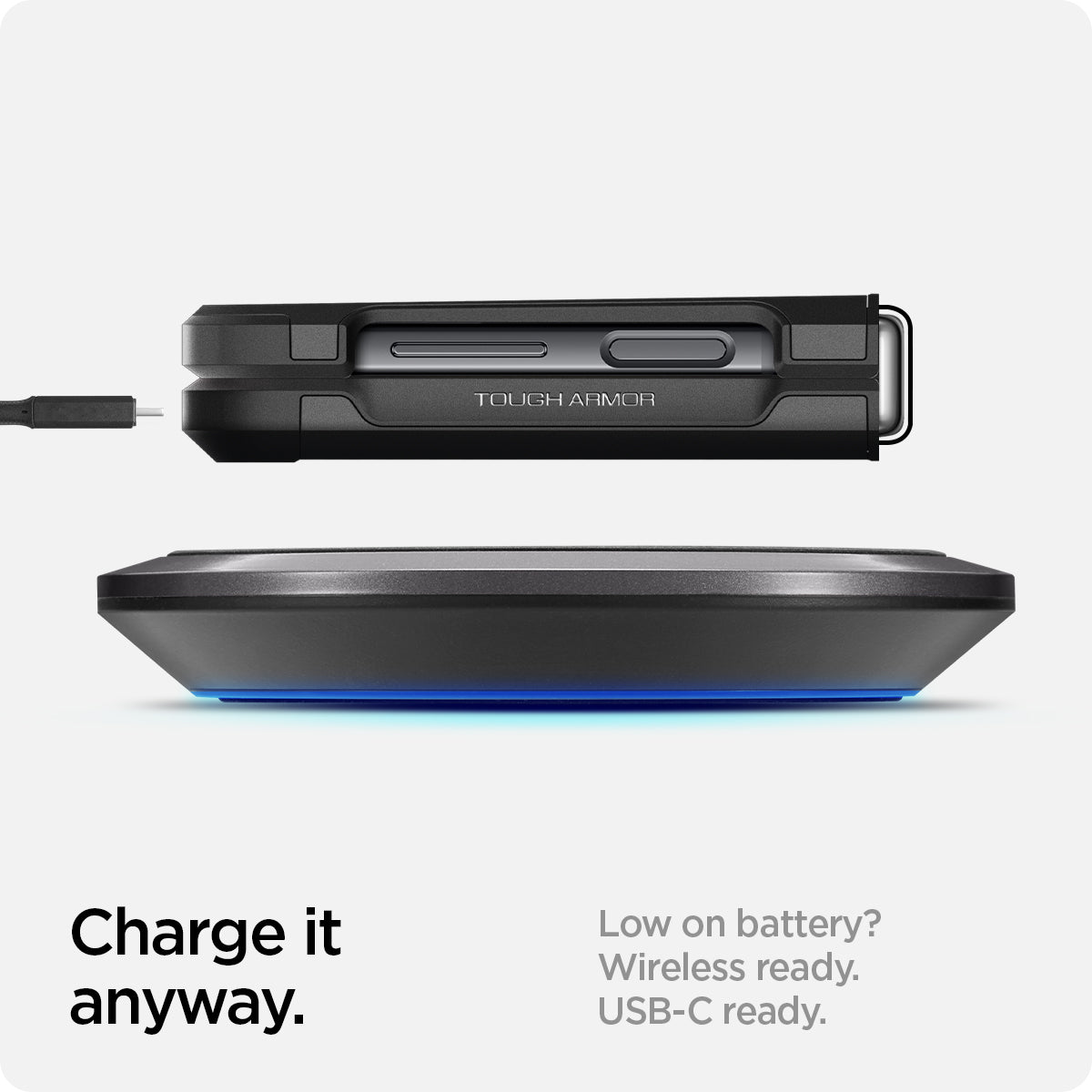ACS05111 - Galaxy Z Flip 4 Case Tough Armor in black charge it anyway. Low on battery? wireless ready. USB-C ready.