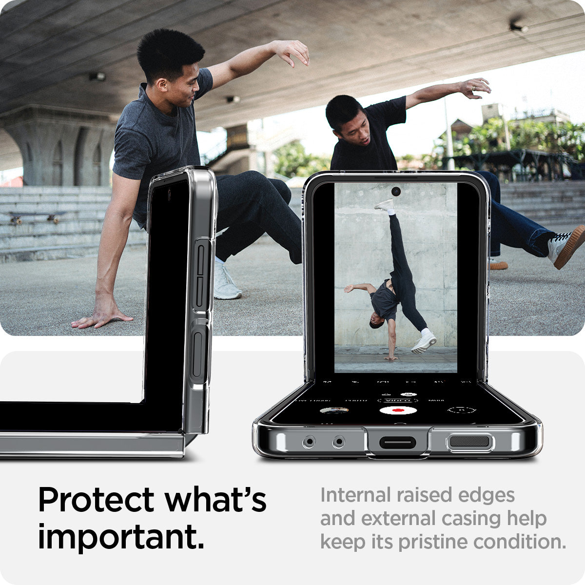 ACS06971 - Galaxy Z Flip 5 Case AirSkin Zero One showing protecting what's important. Internal raised edges and external casing help keep its pristine condition