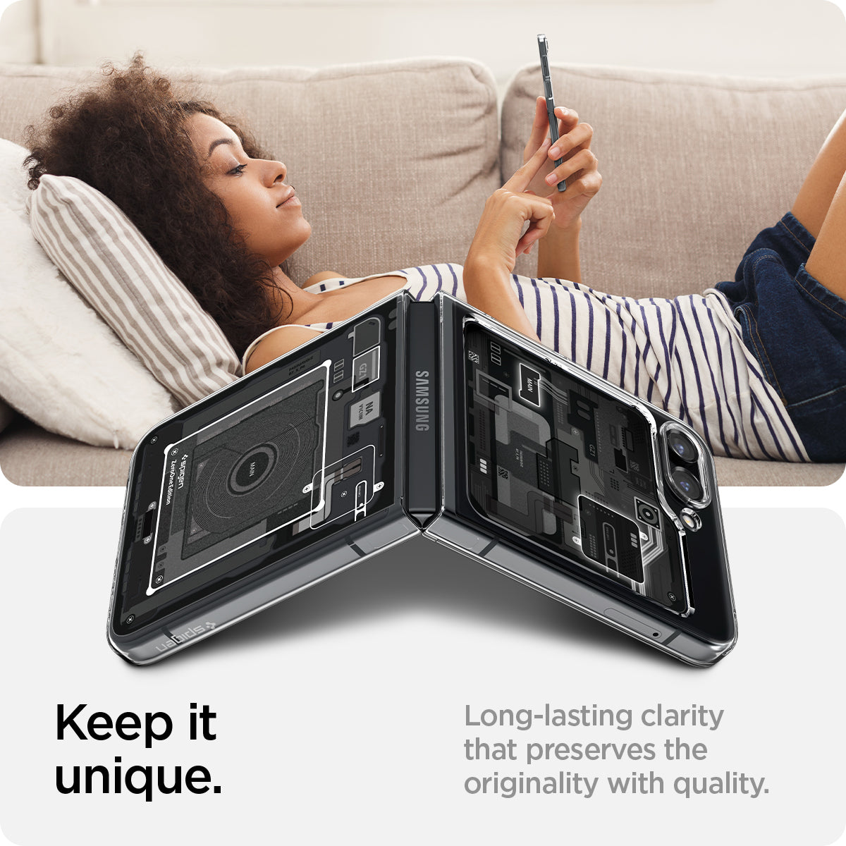 ACS06971 - Galaxy Z Flip 5 Case AirSkin Zero One showing how to keep it unique. Long-lasting clarity that preserves the originality with quality
