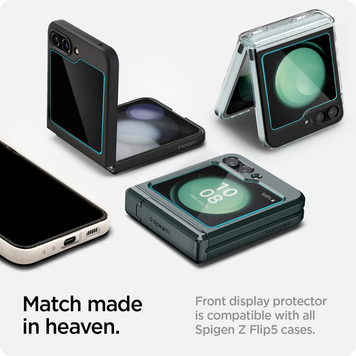 AGL06525 - Galaxy Z Flip 5 Series Screen Protector EZ FIT GLAS.tR showing the match made in heaven. Front display protector is compatible with all Spigen Z Flip 5 cases
