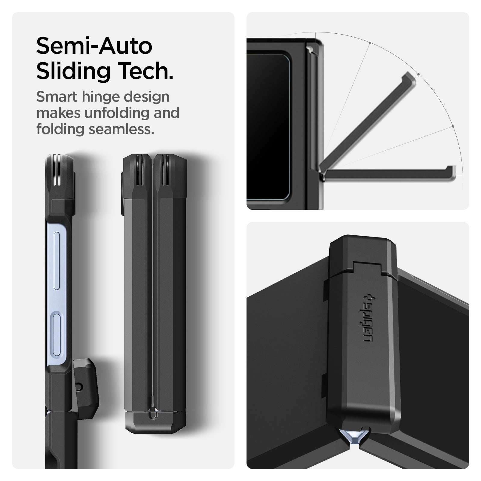 ACS09807 - Galaxy Z Flip 7 FE Series Tough Armor Pro (MagFit) in black showing semi auto sliding tech. Smart hinge design makes unfolding and folding seamless.