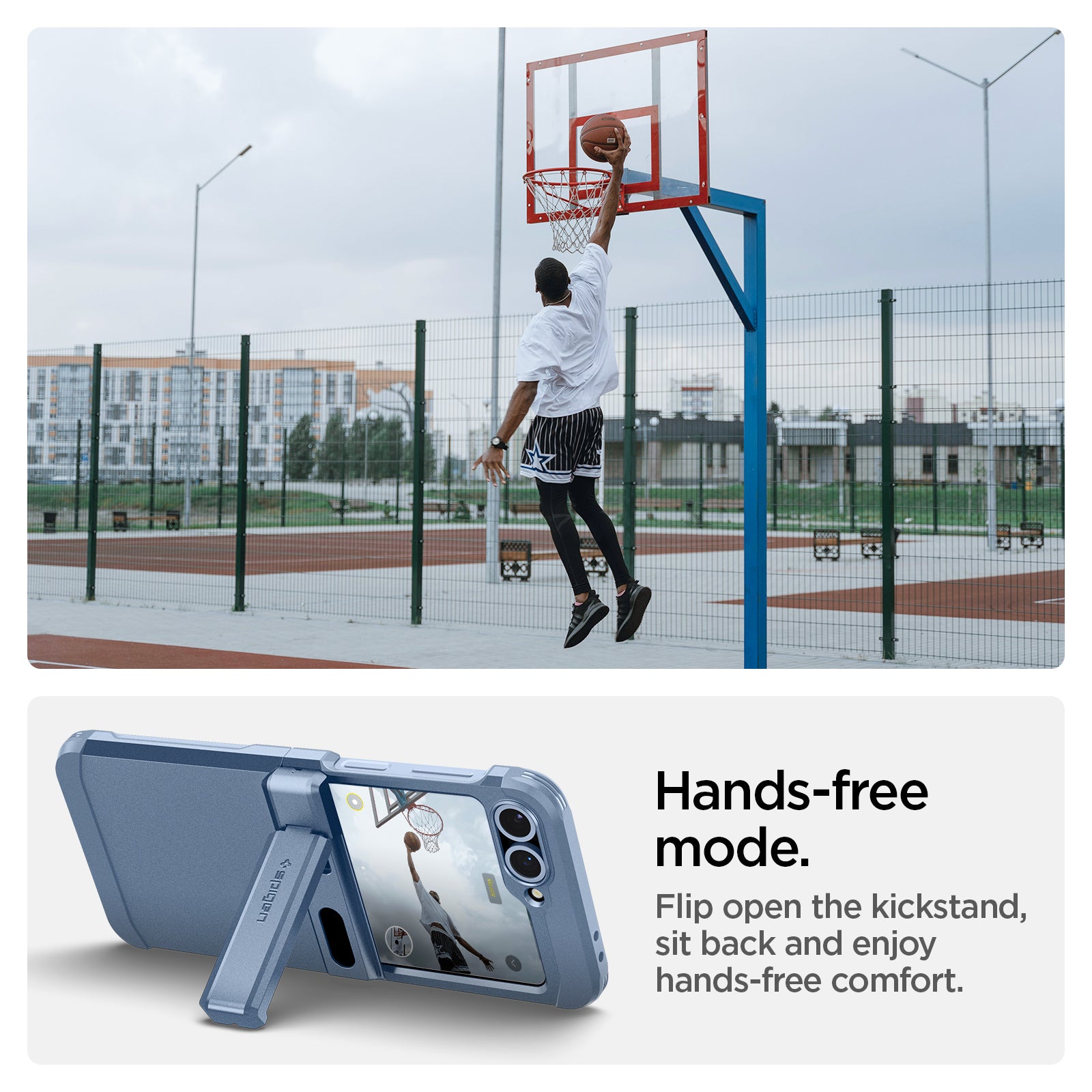 ACS09808 - Galaxy Z Flip 7 FE Series Tough Armor Pro (MagFit) in Sierra Blue  showing the hands-free mode. Flip open the kickstand, sit back and enjoy hands-free comfort.