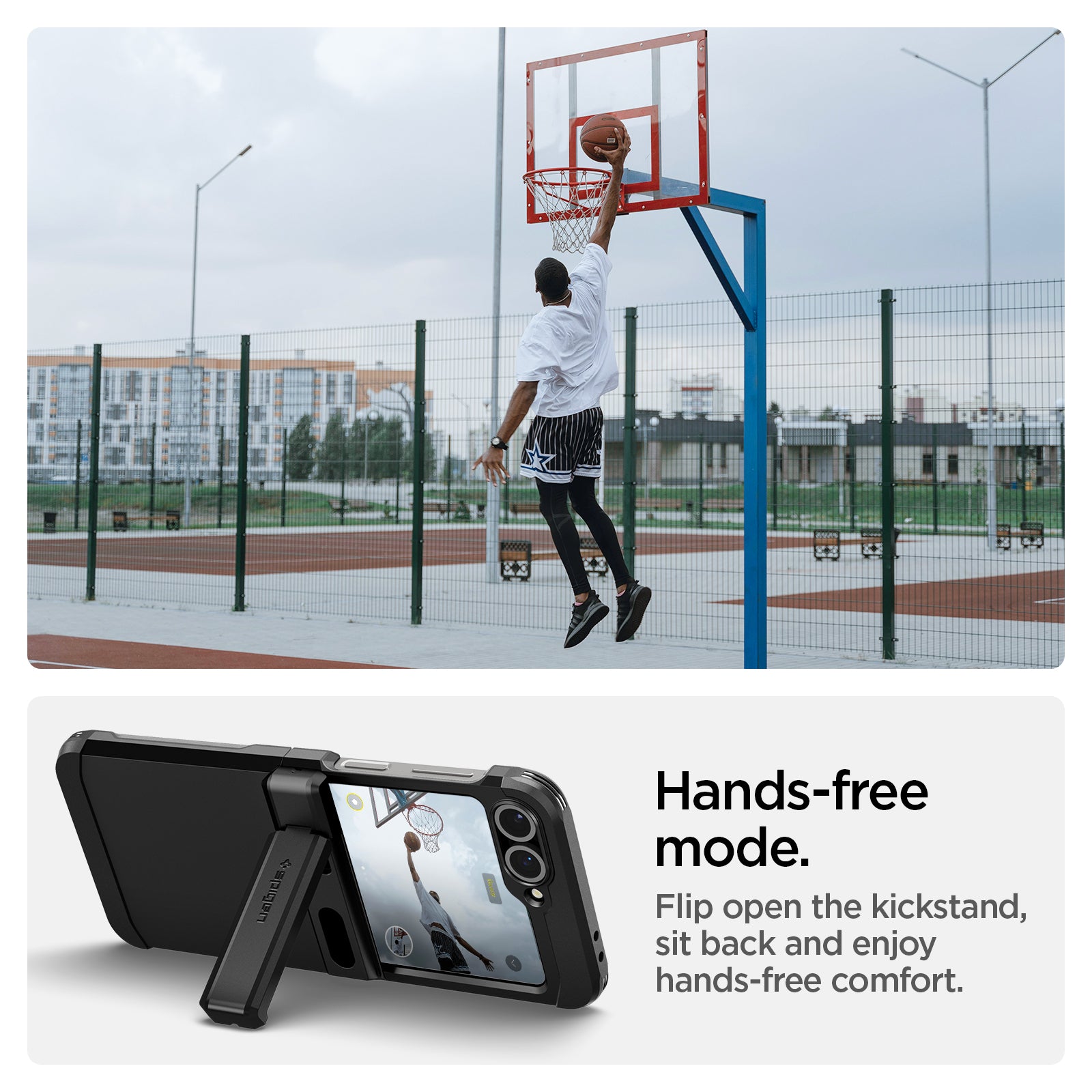 ACS09807 - Galaxy Z Flip 7 FE Series Tough Armor Pro (MagFit) in black showing the hands-free mode. Flip open the kickstand, sit back and enjoy hands-free comfort.