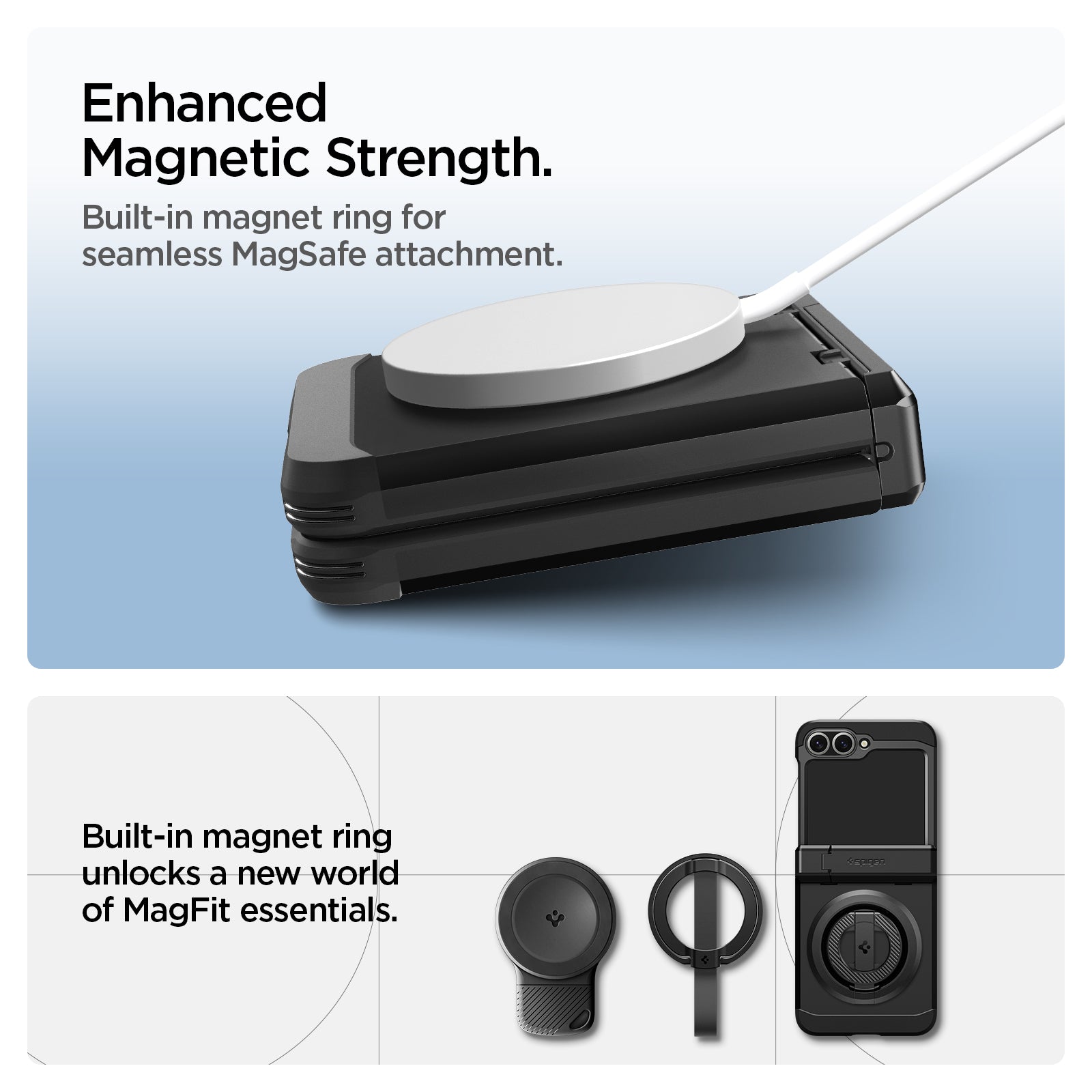 ACS09807 - Galaxy Z Flip 7 FE Series Tough Armor Pro (MagFit) in black enhanced magnetic strength. Built in magnet ring for seamless magsafe attachment. Built in magnet ring unlocks a new world of magnet essentials.