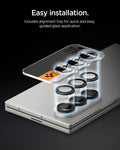 AGL09584 - Galaxy Z Flip 8 Series - Optik Pro EZ Fit showing an exploded diagram of the lens caps aligning onto the Galaxy Z Flip 8's triple camera