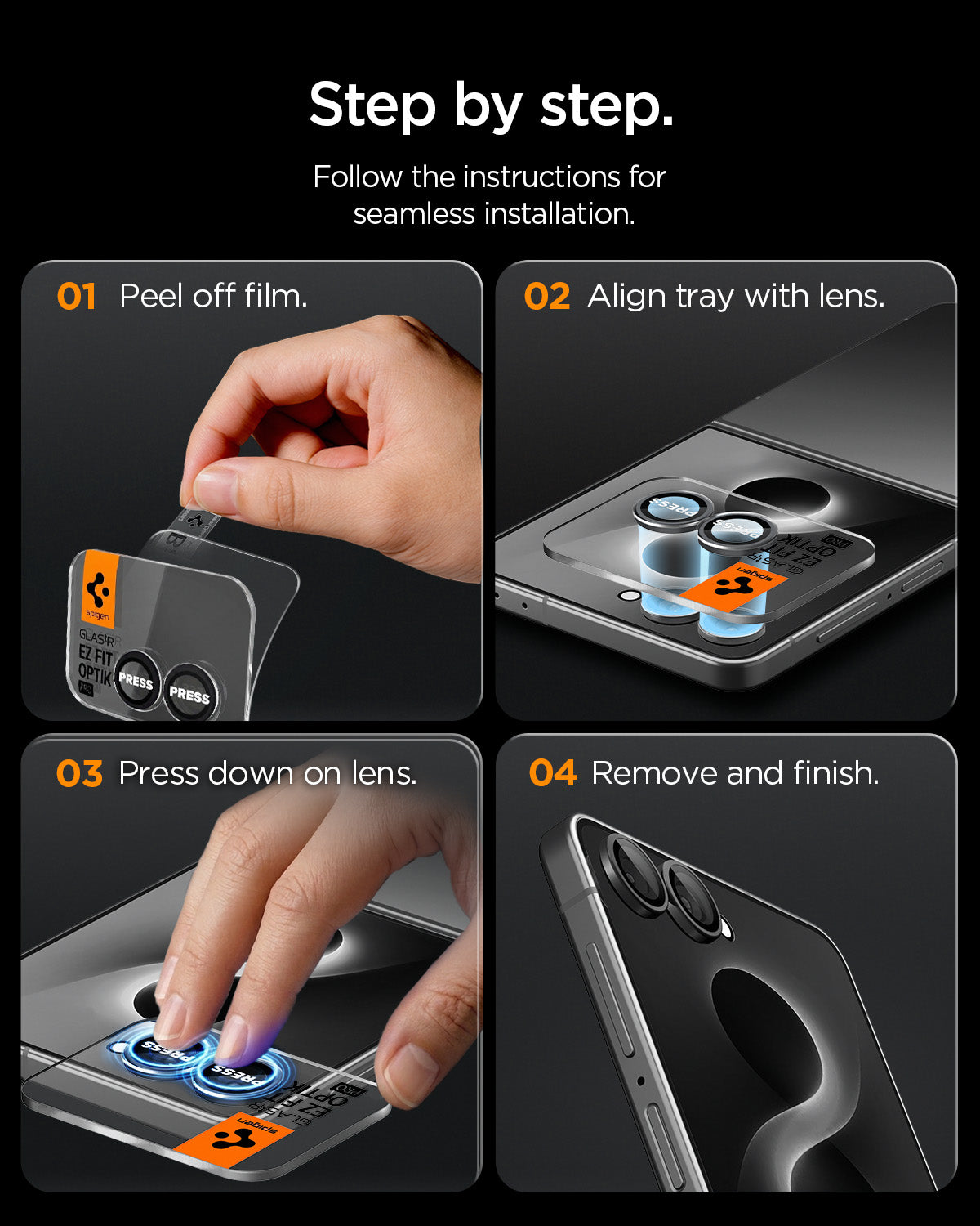 AGL09584 - Galaxy Z Flip 8 Series - Optik Pro EZ Fit showing a four-step guide for peeling, aligning, pressing, and finishing the lens installation