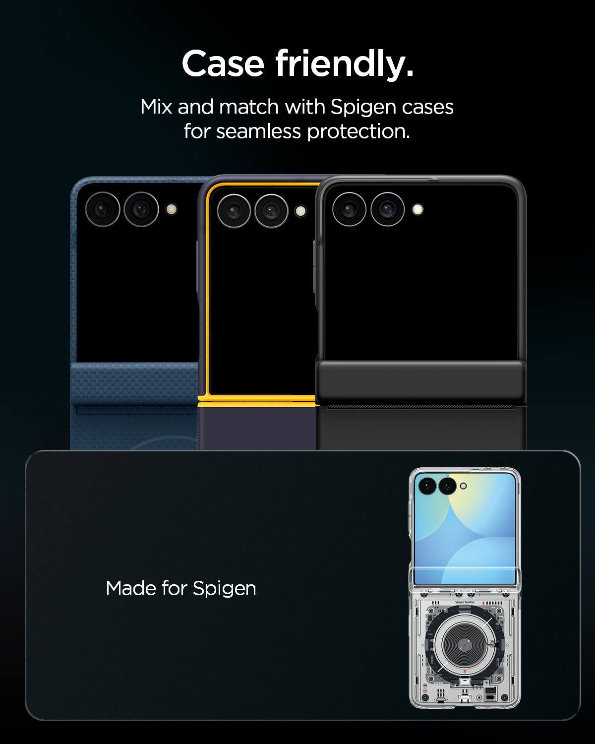 AGL09584 - Galaxy Z Flip 8 Series - Optik Pro EZ Fit showing three Spigen cases paired with the lens protector for seamless case compatibility
