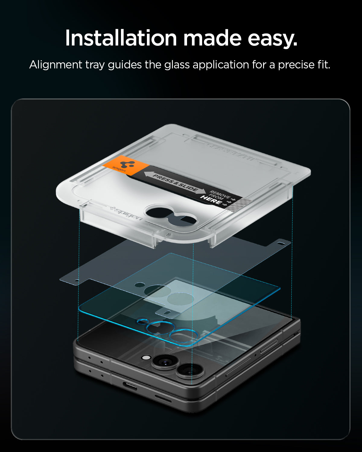 AGL09582 - Galaxy Z Flip 8 Series - GLAS.tR EZ Fit showing an exploded diagram of the alignment tray guiding glass installation onto the Galaxy Z Flip 8