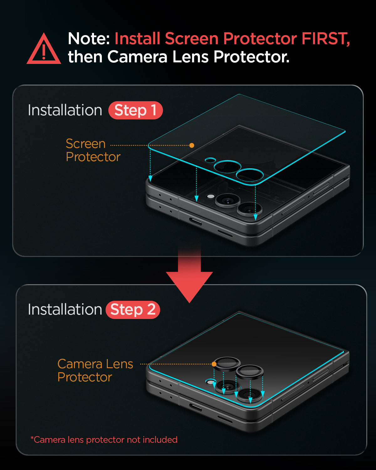 AGL09582 - Galaxy Z Flip 8 Series - GLAS.tR EZ Fit showing step-by-step instructions for applying the screen protector and camera lens protector