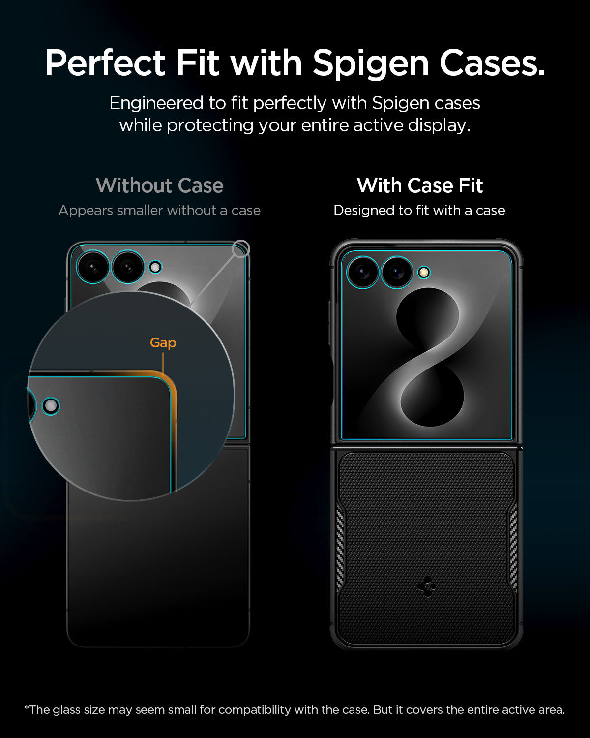 AGL09582 - Galaxy Z Flip 8 Series - GLAS.tR EZ Fit showing a comparison of the glass fit on the Galaxy Z Flip 8 with and without a case installed