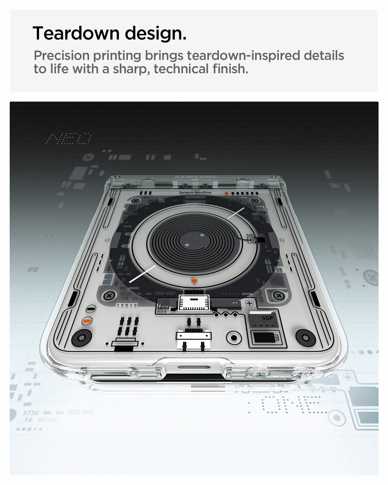 ACS11516 - Galaxy Z Flip 8 Series - Ultra Hybrid Pro Neo One (Mag Fit) showing a close-up of the case's teardown-inspired print design