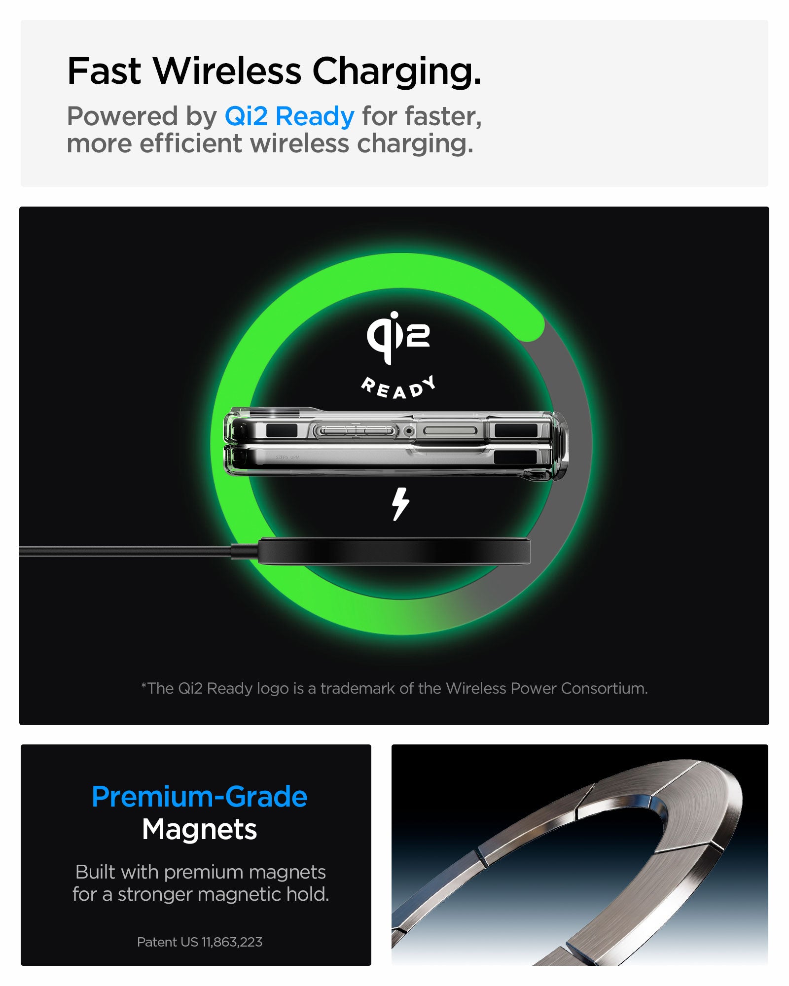 ACS11516 - Galaxy Z Flip 8 Series - Ultra Hybrid Pro Neo One (Mag Fit)  showing it is Qi2 Ready for Fast Wireless Charging