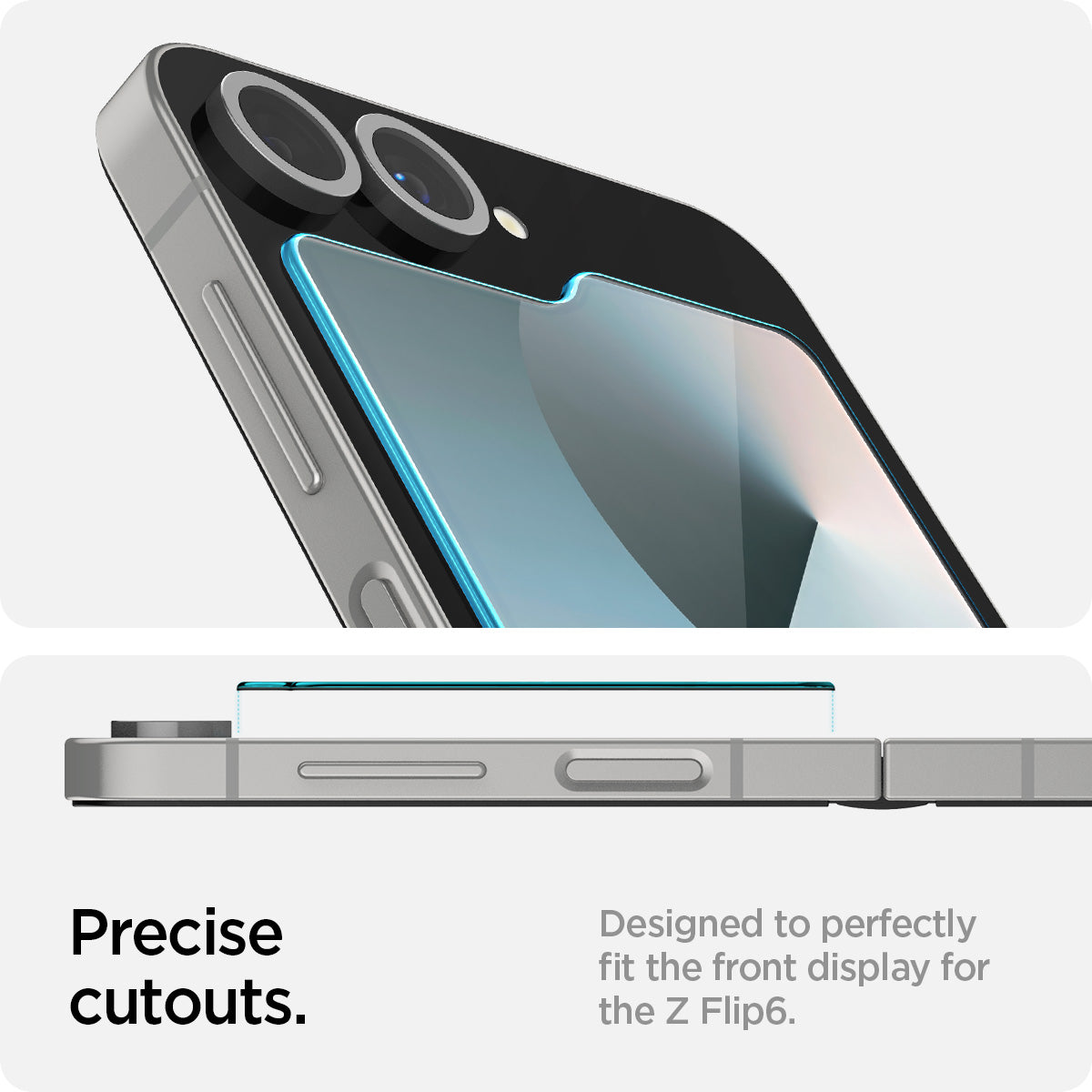 AGL07972 - Galaxy Z Flip 6 GLAS.tR EZ Fit showing the precise cutouts. Designed to perfectly fit the front display for the Z Flip6