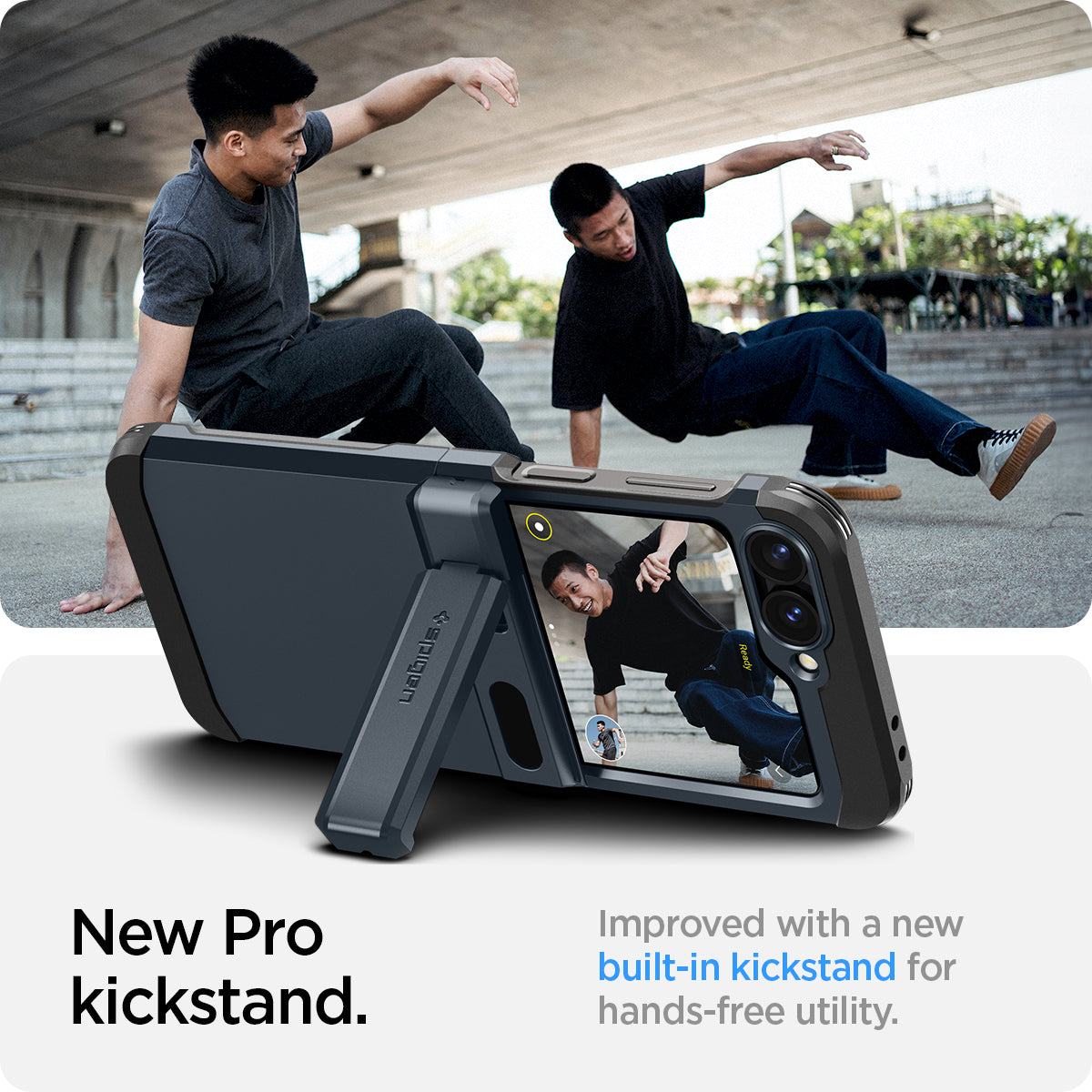 ACS08292 - Galaxy Z Flip 7 FE Case Tough Armor Pro in Metal Slate showing the new pro kickstand. Improved with a new built-in kickstand for hands-free utility