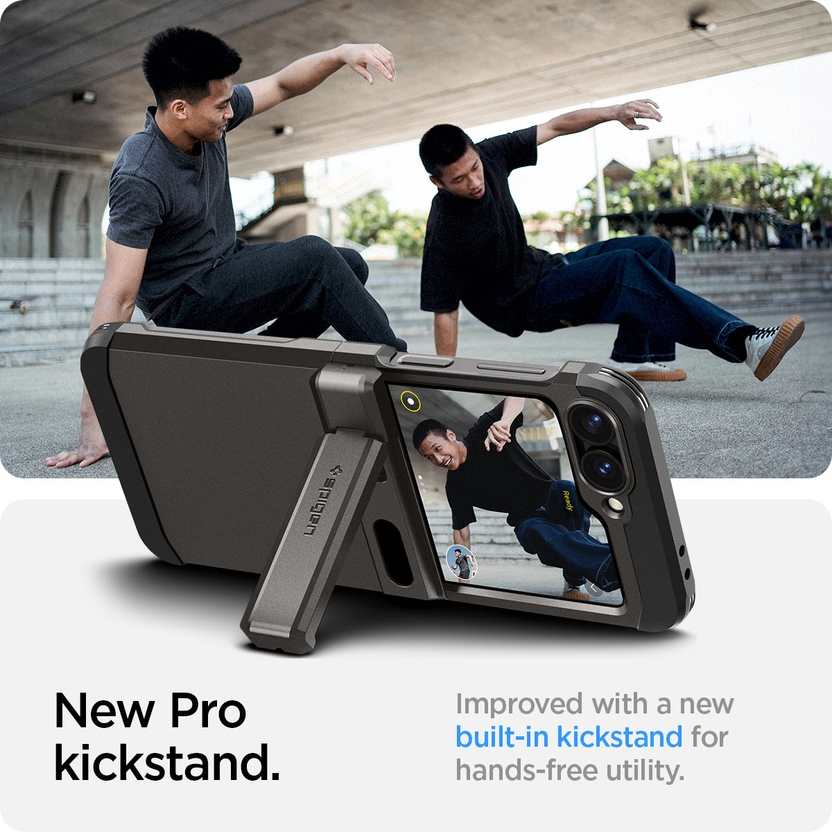 ACS08360 - Galaxy Z Flip 7 FE Case Tough Armor Pro in Gunmetal showing the new pro kickstand. Improved with a new built-in kickstand for hands-free utility