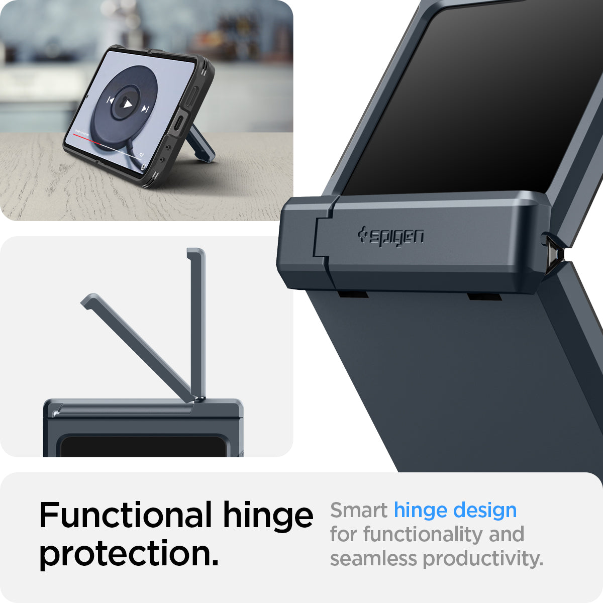 ACS08292 - Galaxy Z Flip 7 FE Case Tough Armor Pro in Metal Slate showing the functional hinge protection. Smart hinge design for functionality and seamless productivity