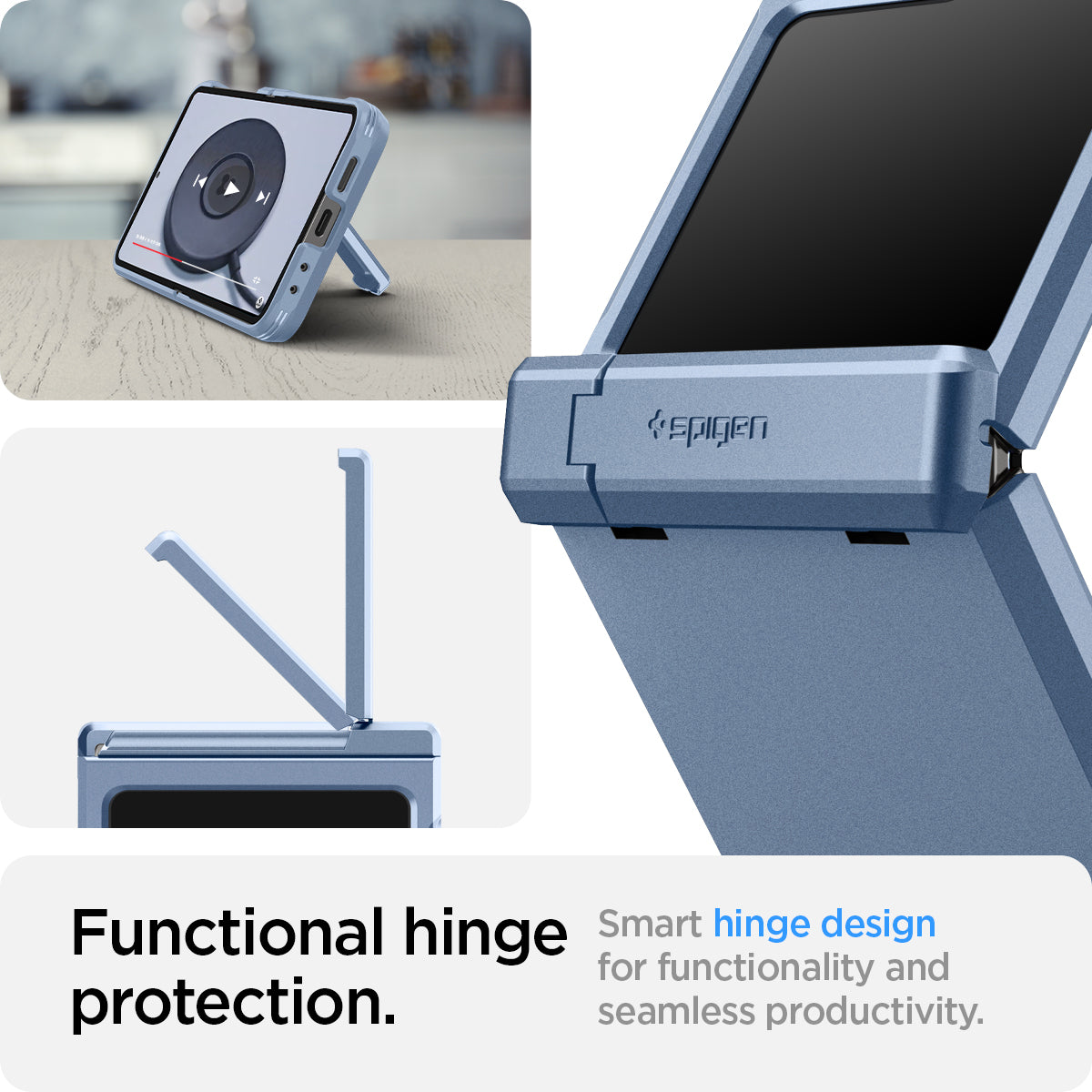 ACS08361 - Galaxy Z Flip 7 FE Case Tough Armor Pro in Sierra Blue showing the functional hinge protection. Smart hinge design for functionality and seamless productivity