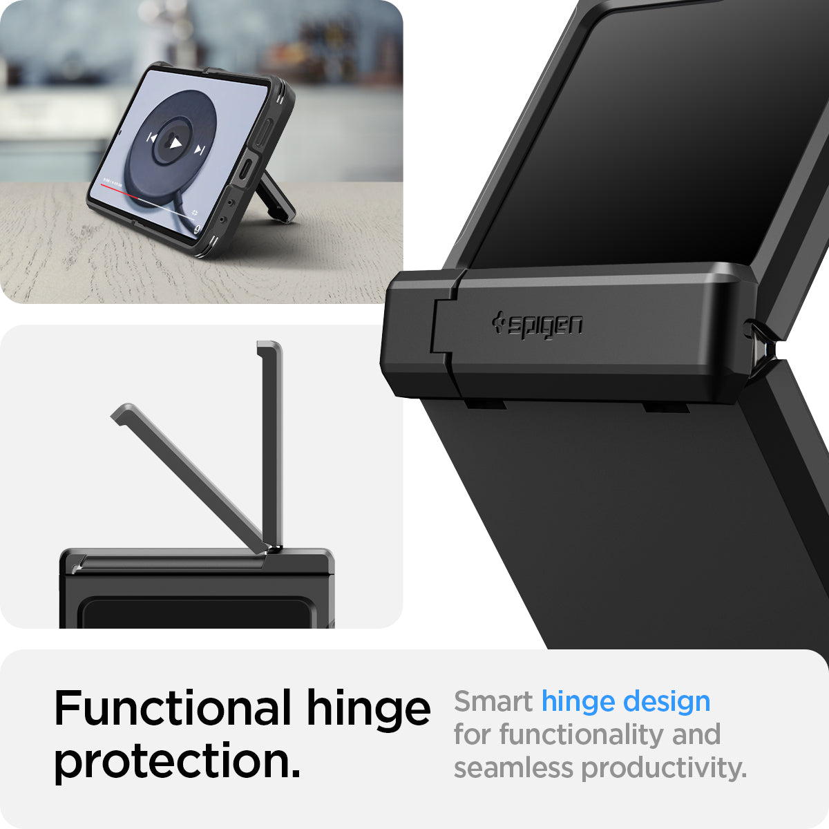 ACS07849 - Galaxy Z Flip 7 FE Case Tough Armor Pro in Black showing the functional hinge protection. Smart hinge design for functionality and seamless productivity
