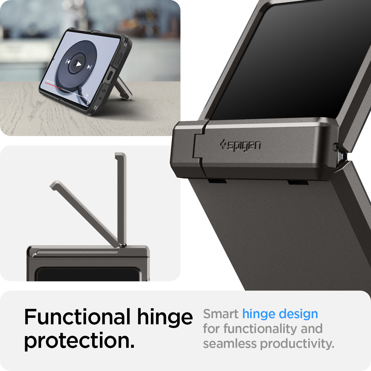 ACS08360 - Galaxy Z Flip 7 FE Case Tough Armor Pro in Gunmetal showing the functional hinge protection. Smart hinge design for functionality and seamless productivity
