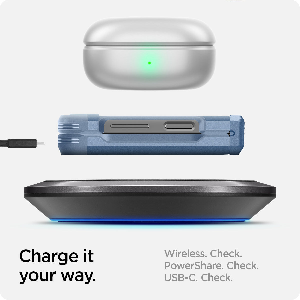ACS08361 - Galaxy Z Flip 7 FE Case Tough Armor Pro in Sierra Blue showing how to charge it your way. Wireless, PowerShare and USB-C all check