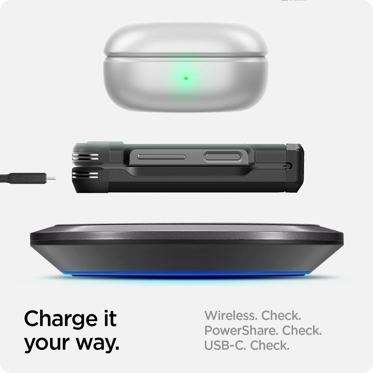 ACS07849 - Galaxy Z Flip 7 FE Case Tough Armor Pro in Black showing how to charge it your way. Wireless, PowerShare and USB-C all check