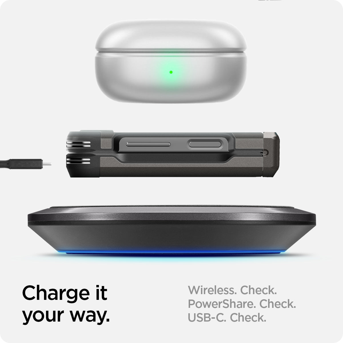 ACS08360 - Galaxy Z Flip 7 FE Case Tough Armor Pro in Gunmetal showing how to charge it your way. Wireless, PowerShare and USB-C all check