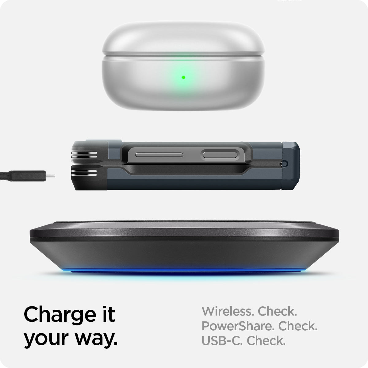 ACS08292 - Galaxy Z Flip 7 FE Case Tough Armor Pro in Metal Slate showing how to charge it your way. Wireless, PowerShare and USB-C all check