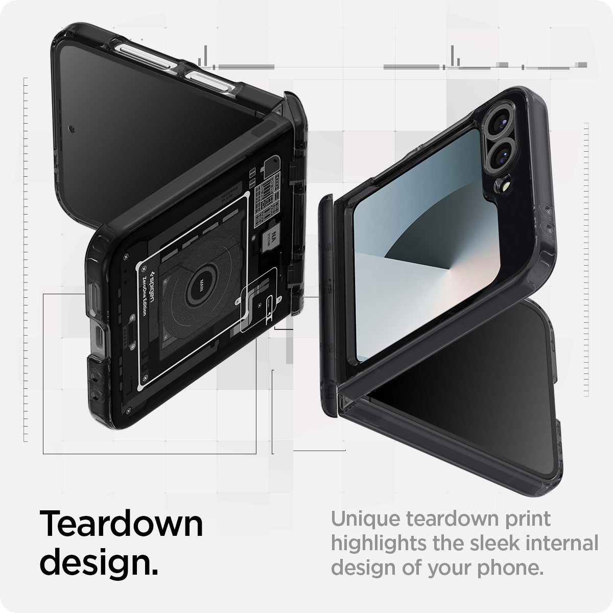 ACS08289 - Galaxy Z Flip 6 Case Ultra Hybrid Pro Zero One in Zero One showing the teardown design. Unique teardown print highlights the sleek internal design of your phone