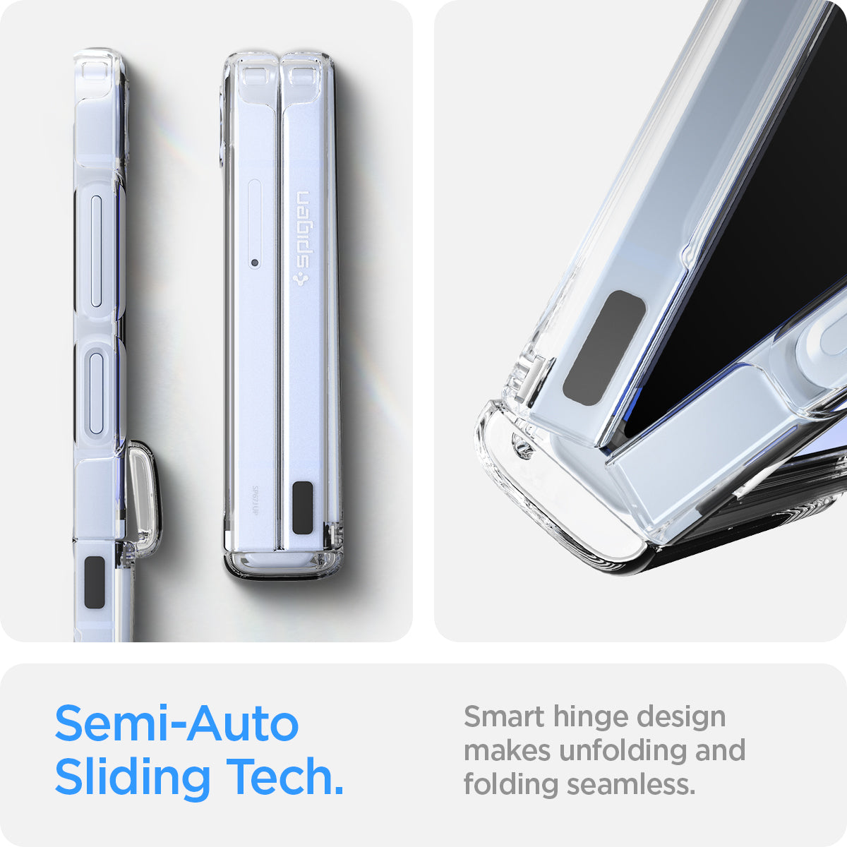 ACS07834 - Galaxy Z Flip 7 FE Case Ultra Hybrid Pro in Crystal Clear showing the Semi-Auto Sliding Tech. Smart hinge design makes unfolding and folding seamless
