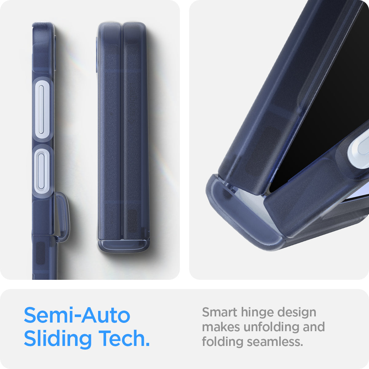 ACS08288 - Galaxy Z Flip 7 FE Case Ultra Hybrid Pro in Frost Navy Blue showing the Semi-Auto Sliding Tech. Smart hinge design makes unfolding and folding seamless