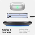 ACS07834 - Galaxy Z Flip 7 FE Case Ultra Hybrid Pro in Crystal Clear showing how to charge it your way. Wireless, PowerShare and USB-C all check