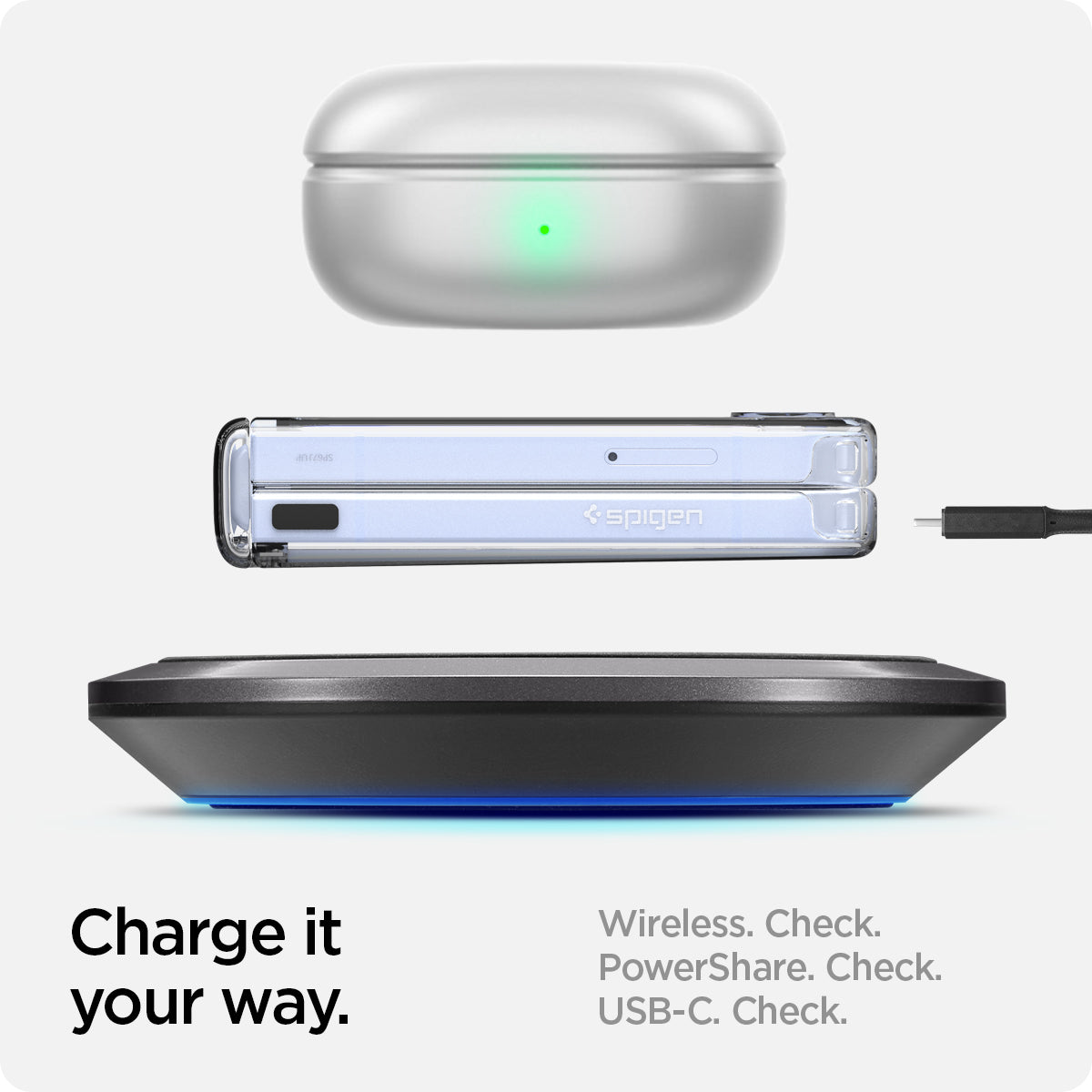 ACS07834 - Galaxy Z Flip 7 FE Case Ultra Hybrid Pro in Crystal Clear showing how to charge it your way. Wireless, PowerShare and USB-C all check